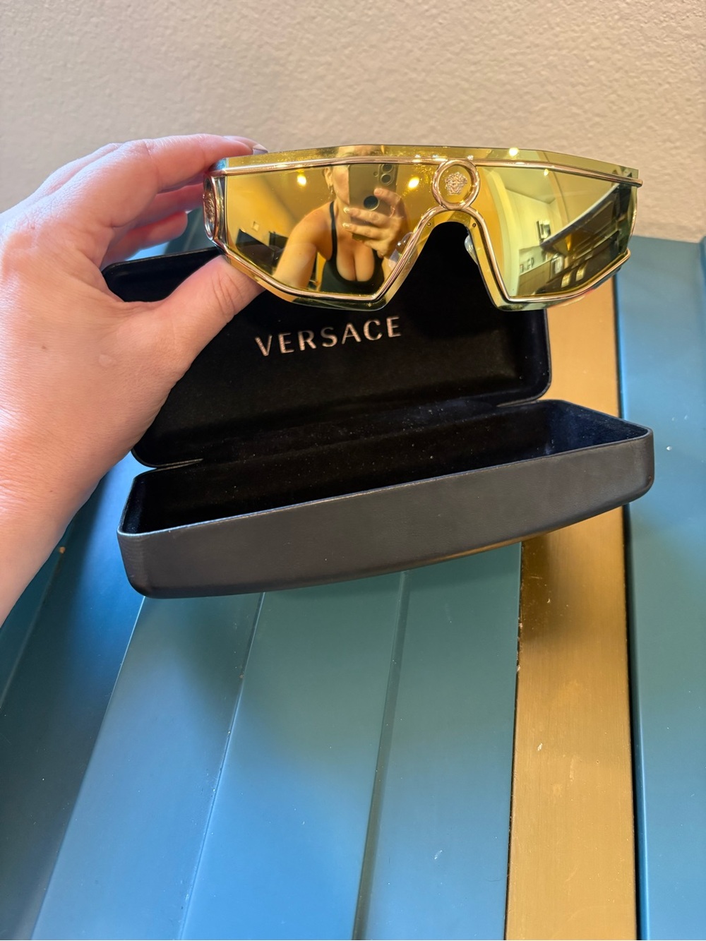 Versace Gold Shield Sunglasses with Mirrored Yellow Lenses